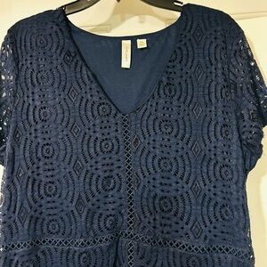 Like New Tacera Deep Blue V-Neck Lace Pullover Midi Dress. XL